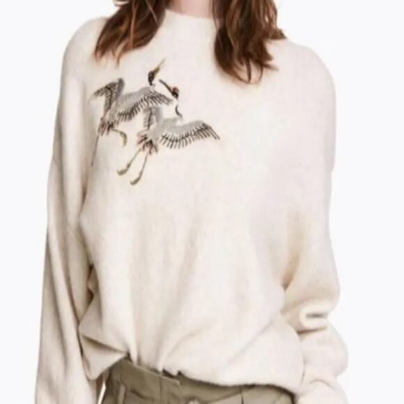 Madisonne Camel Colored Stork Embroidered Knit Sweater - M - Picture 1 of 6